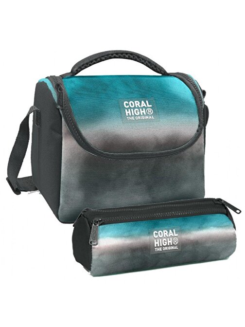 Coral High Turkuaz Gri Batik Desenli Erkek Çocuk Isı Yalıtımlı Beslenme Çantası ve Kalemlik Seti