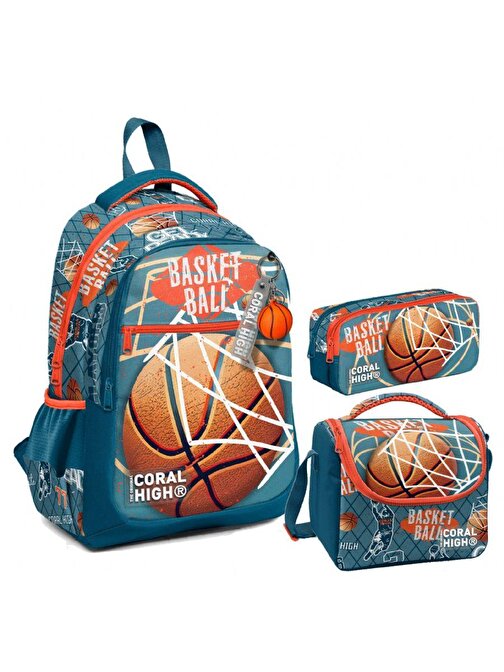 Coral High Erkek Çocuk Üç Gözlü İlkokul Çanta Seti - Nefti Turuncu Basketbol Desenli