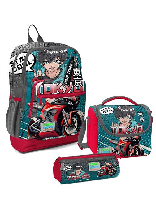 Coral High Erkek Çocuk Üçlü İlkokul Okul Çanta Seti - Gri Nefti Anime Motorsiklet