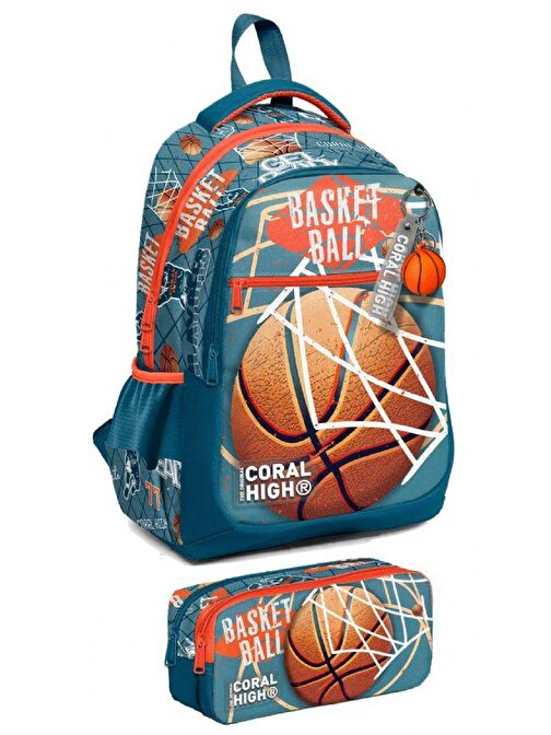 Coral High İlkokul Sırt Çantası ve Kalemlik Seti - Erkek Çocuk - Nefti Turuncu Basketbol