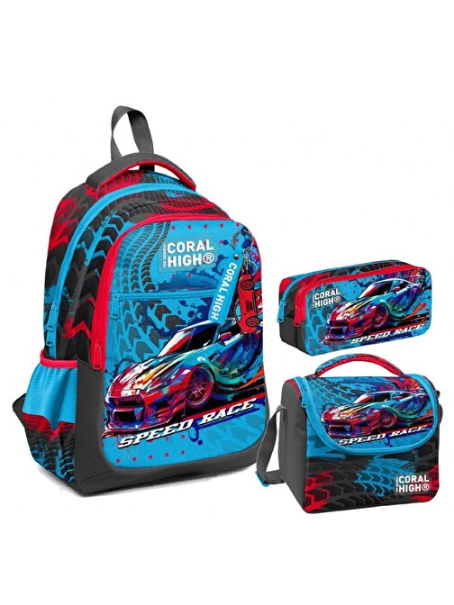 Coral High Erkek Çocuk Üç Gözlü İlkokul Çanta Seti - Gri Mavi Yarış Arabası Desenli