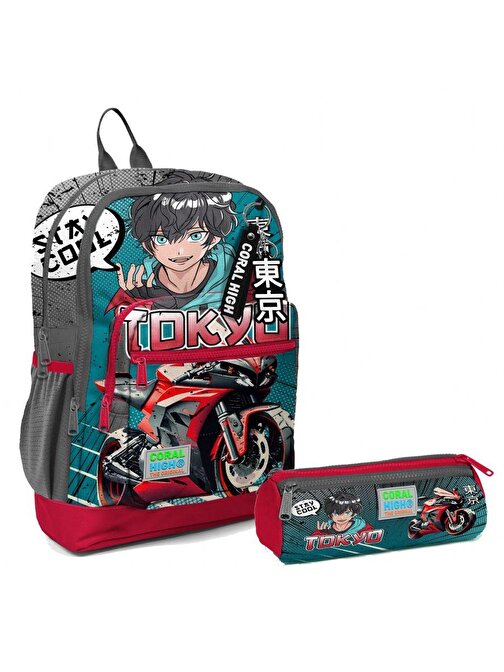 Coral High İlkokul Sırt Çantası ve Kalemlik Seti - Gri Nefti Anime Motorsiklet - Erkek Çocuk
