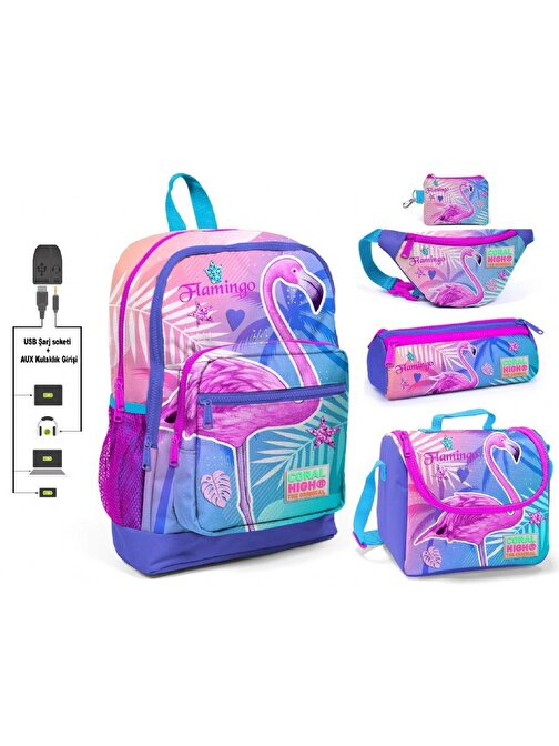 Coral High Pembe Flamingo Baskılı Kız Çocuk İlkokul 5'li Çanta Seti - USB Soketli