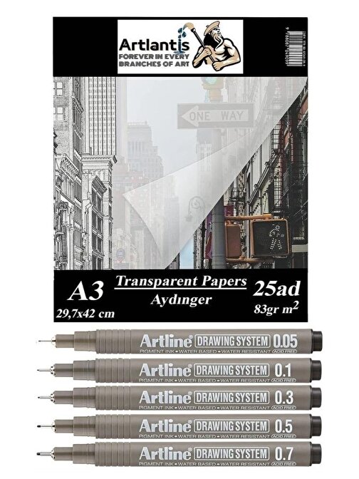Aydınger Kağıdı A3 83 gr 25'li 1 Paket Eskiz Kağıdı Artline Teknik Çizim Kalemi Drawing System 5 Adet