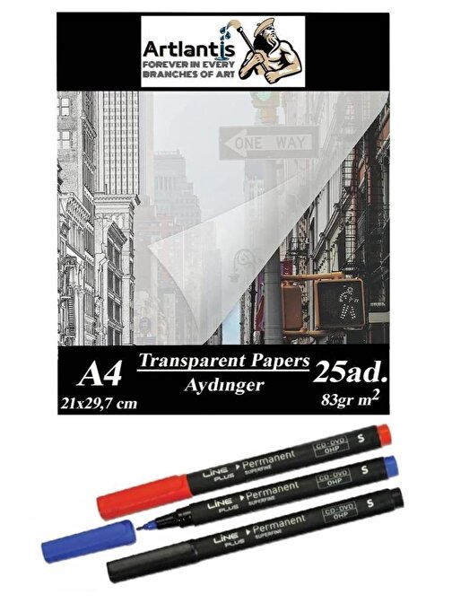 Aydınger Kağıdı A4 83 gr 25'li 1 Paket Eskiz Kağıdı Lineplus Asetat Kalemi S 0.3 Siyah Kırmızı Mavi