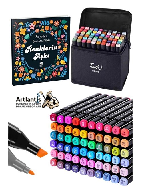60 Adet Çift Taraflı Marker Kalem Çantalı 1 Paket 60 Renk Touch Markör Renklerin Aşkı Mandala Büyüklere Boyama Kitabı