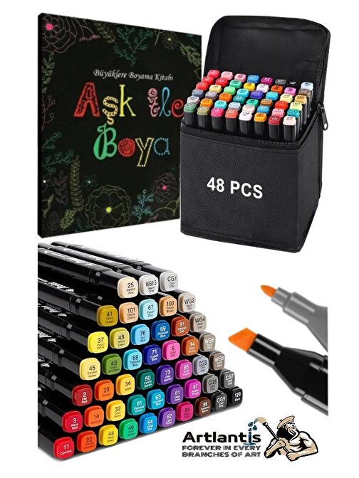 48 Adet Çift Taraflı Marker Kalem Çantalı 1 Paket 48 Renk Touch Markör Aşk İle Boya Mandala Büyüklere Boyama Kitabı