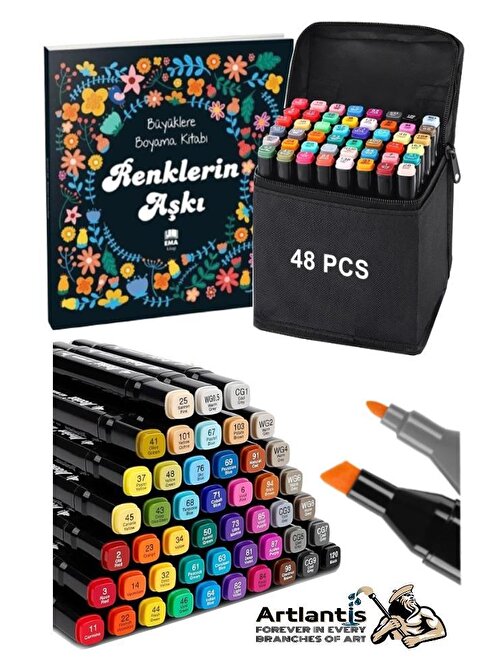 48 Adet Çift Taraflı Marker Kalem Çantalı 1 Paket 48 Renk Touch Markör Renklerin Aşkı Mandala Büyüklere Boyama Kitabı