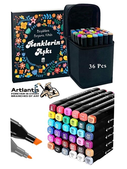 36 Adet Çift Taraflı Marker Kalem Çantalı 1 Paket 36 Renk Touch Markör Renklerin Aşkı Mandala Büyüklere Boyama Kitabı