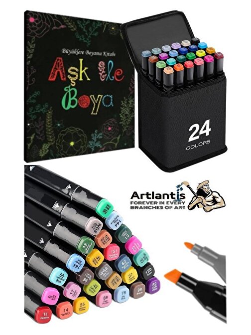 24 Adet Çift Taraflı Marker Kalem Çantalı 1 Paket 24 Renk Touch Markör Aşk İle Boya Mandala Büyüklere Boyama Kitabı