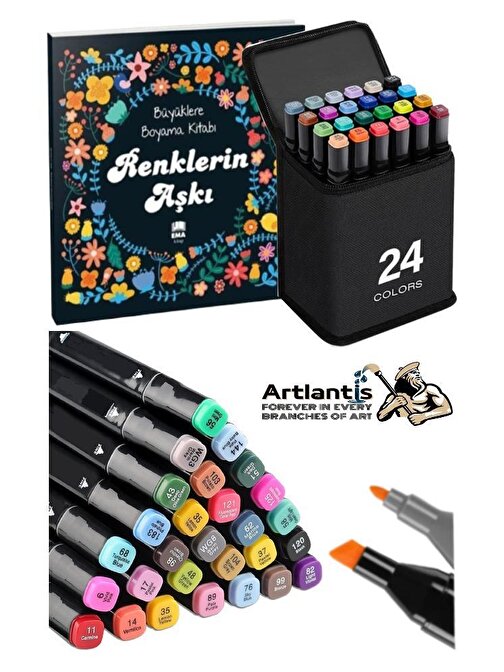 24 Adet Çift Taraflı Marker Kalem Çantalı 1 Paket 24 Renk Touch Markör Renklerin Aşkı Mandala Büyüklere Boyama Kitabı