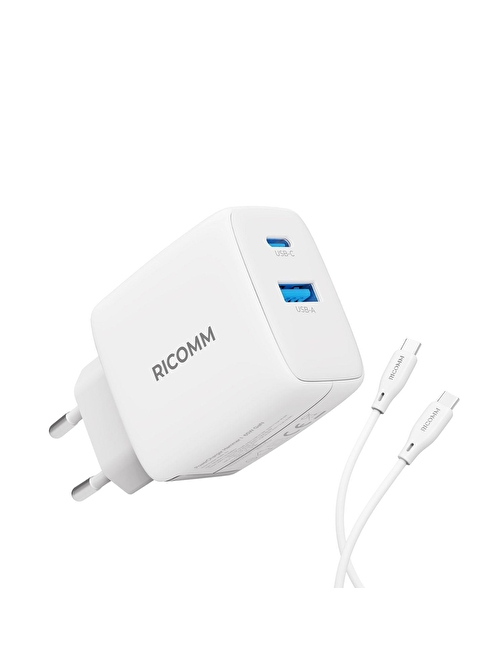 Ricomm 65W GaN USB-C + USB-A Şarj Aleti Apple & Samsung Hızlı Şarj Cihazı + 2MT 100W Type-C Kablo