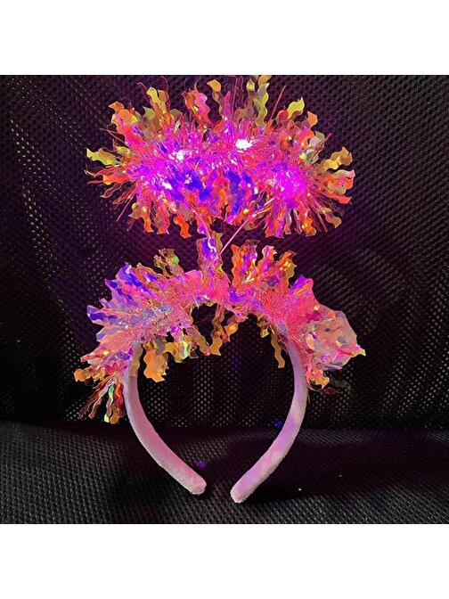 Pembe Renk Pembe Işıltılı Püsküllü Led Işıklı Parlak Hologramlı Taç 25x12 cm