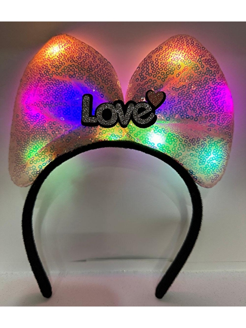 Led Işıklı 3 Farklı Fonksiyonda Yanan Gümüş Love Yazılı Toz Pembe Fiyonk Taç 20X17 cm