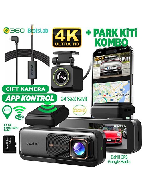 360+ G980H Ön Gerçek 4K 3840x2160p UHD - Arka 1080P FHD 170° Geniş Açı Lens Gece Görüşü Dahili Gps + Park Modu Bağlantı Kablosu Combo 