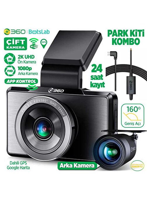 360+ G500H ÖN 2K QHD - Arka 1080P FHD 160° Geniş Açı Lens Gece Görüşü Dahili Gps Modülü Akıllı Araç Içi Kamera+ Park Modu Bağlantı Kablosu Combo 