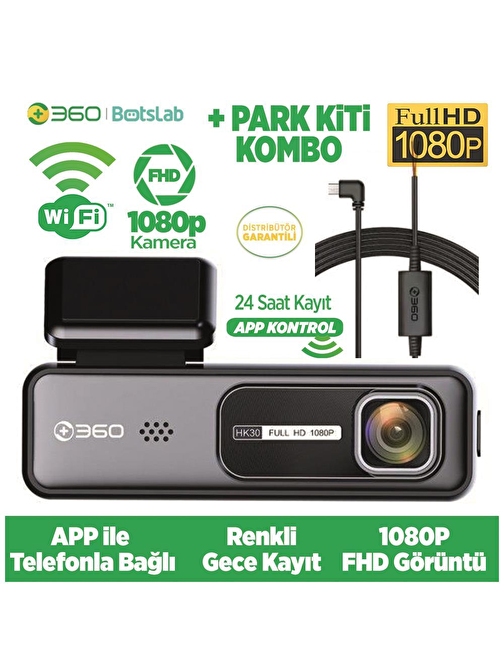 360+ HK30 WiFi 1080P 130° Geniş Açı Gece Görüşlü Akıllı Araç İçi Kamera+ Park Modu Bağlantı Kablosu Combo 