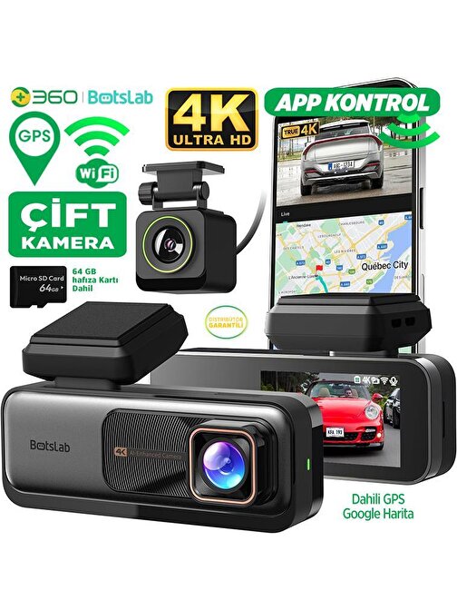 360+ G980H ADAS Ön Gerçek 4K UHD - Arka 1080P FHD 170° Geniş Açı Lens Gece Görüşü Dahili Gps Modülü Akıllı Araç İçi Kamera (64GB HAFIZA KARTI HEDİYELİ)