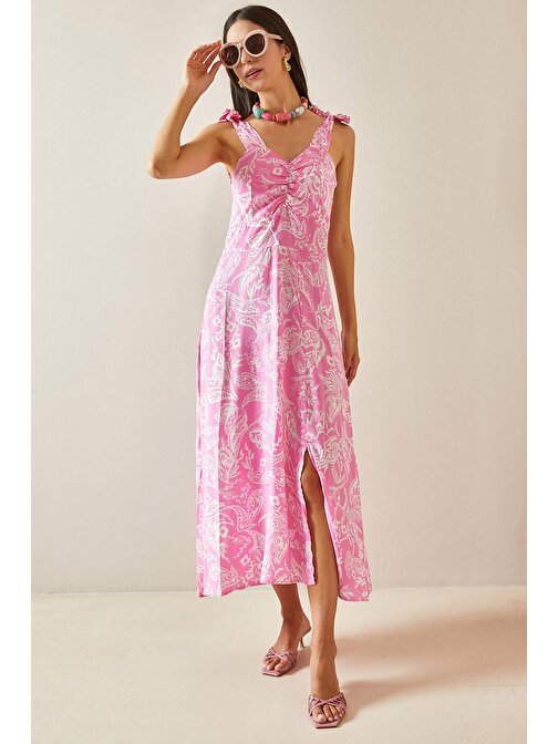 Pembe Etnik Desenli Yırtmaçlı Midi Elbise 5YXK6-48710-20 | S