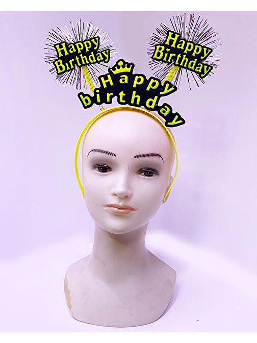 Parti Happy Birthday Püsküllü Neon Sarı Renk Doğum Günü Tacı 22x19 cm