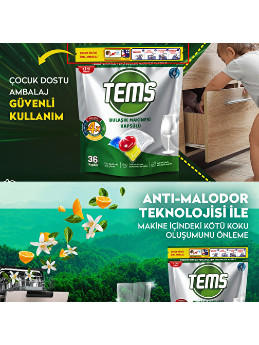 4 Etkili Bulaşık Makinesi Kapsül Deterjanı 36'lı Yerli Ürün Anti Malodor Teknolojisi %100 Türk Malı