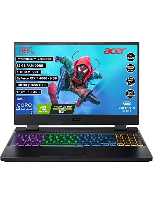 Acer Nitro 5 Intel Core i5 12450H 16GB 512GB SSD RTX4050-6GB Dos 15.6" 144 Hz Taşınabilir Bilgisayar NH.QLZEY.00D