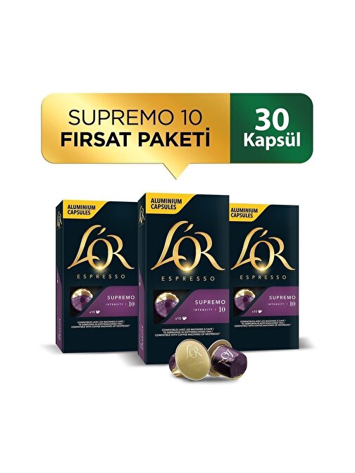L'OR Supremo Intensity 10 Nespresso Uyumlu Alüminyum Kapsül Kahve 10 Adet x 3 Paket