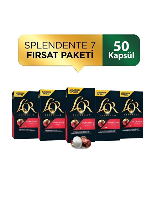 L'OR Splendente Intensity 7 Nespresso Uyumlu Alüminyum Kapsül Kahve Fırsat Paketi 10 Adet x 5 Paket