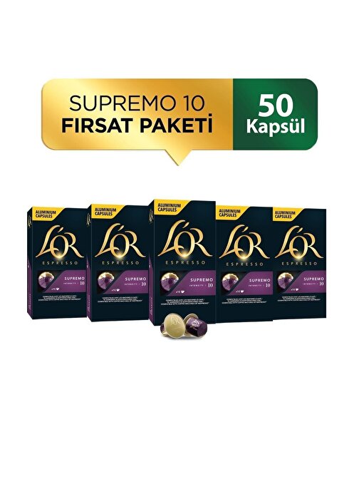 L'OR Supremo Intensity 10 Nespresso Uyumlu Kapsül Kahve Fırsat Paketi 10 Adet x 5 Paket