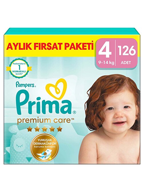 Prima Premium Care 9 - 14 kg 4 Numara Aylık Fırsat Paketi Bebek Bezi 126 Adet
