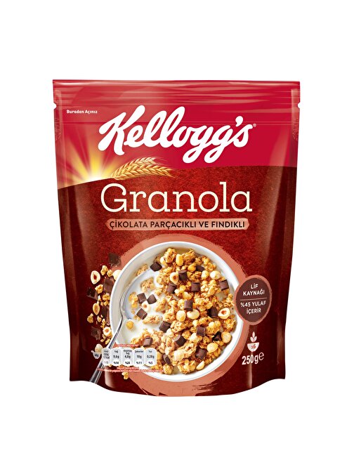 Kellogg's Çikolata Parçacıklı ve Fındıklı Granola 250 Gr,%44 Yulaf,Lif Kaynağı,Kahvaltılık Gevrek
