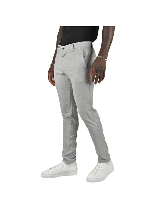 DeepSEA Erkek Gri Kendinden Çizgi Desenli Slim Fit Likralı Keten Pantolon 2400721