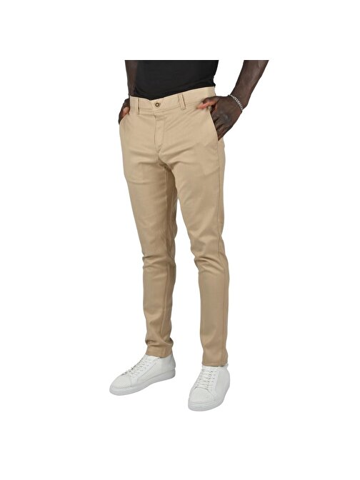 DeepSEA Erkek Bej Kendinden Çizgi Desenli Slim Fit Likralı Keten Pantolon 2400721