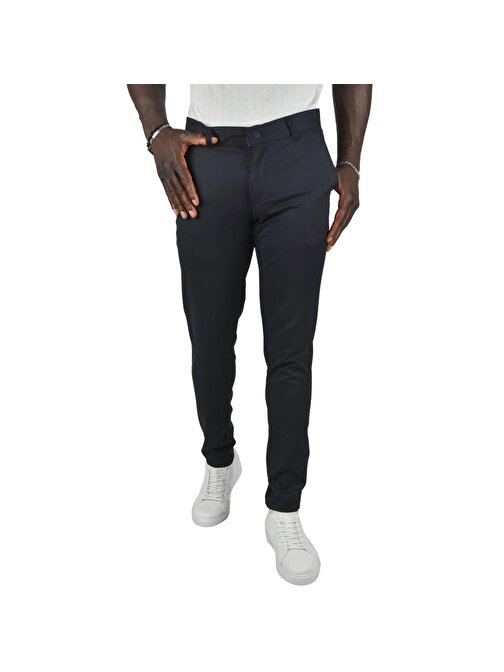 DeepSEA Erkek Lacivert Kendinden Çizgi Desenli Slim Fit Likralı Keten Pantolon 2400721