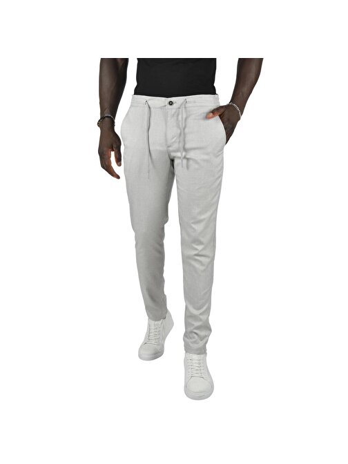 DeepSEA Erkek Gri Kendinden Desenli Beli Bağcıklı Slim Fit Keten Kumaş Spor Pantolon 2400740