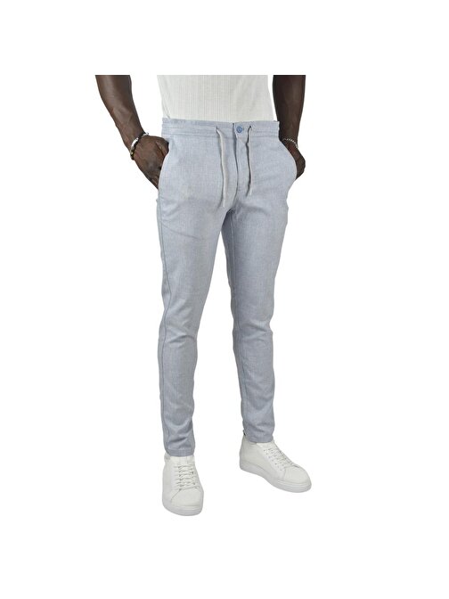 DeepSEA Erkek Mavi Kendinden Desenli Beli Bağcıklı Slim Fit Keten Kumaş Spor Pantolon 2400740