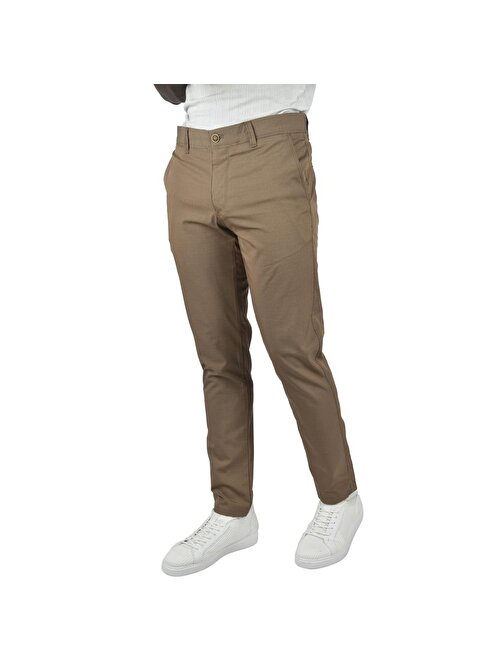 DeepSEA Erkek Kahve Slim Fit Likralı Armür Desenli Keten Pantolon 2400730