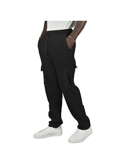 DeepSEA Erkek Siyah Fitilli Kumaş Kargo Cepli Beli ve Paçası Bağcıklı Spor Pantolon 2402070