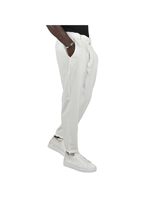 DeepSEA Erkek Beyaz Beli Lastikli Kemerli Duble Paça Rahat Kesim Spor Pantolon 2400009