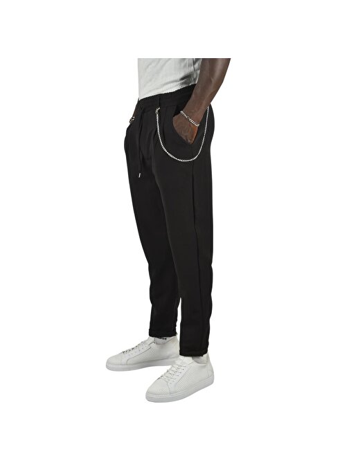 DeepSEA Erkek Siyah Beli Lastikli Pile Detaylı Zincirli Duble Paça Spor Pantolon 2400085