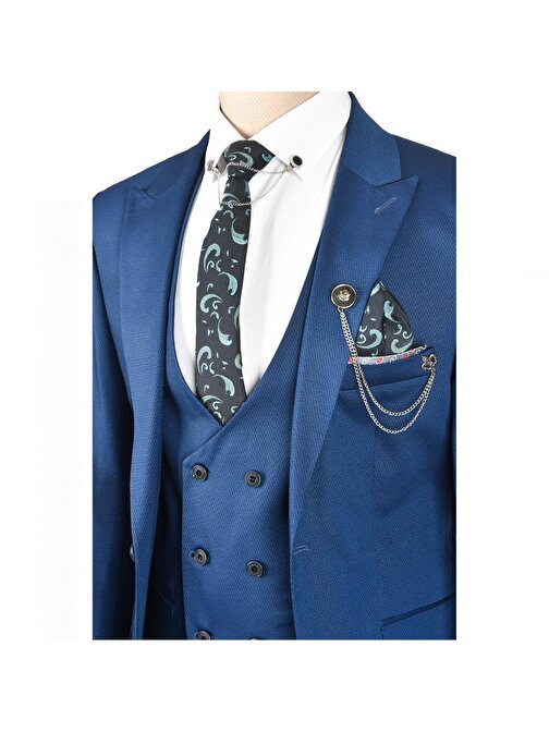 DeepSEA Erkek Mavi Slim Fit Tek Düğme 3lü Takım Elbise 2301500
