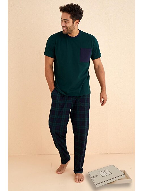 Kutulu- Premium Pamuklu Kısa Kollu Erkek Pijama Takımı- Ekose Babalar Günü Hediyesi 