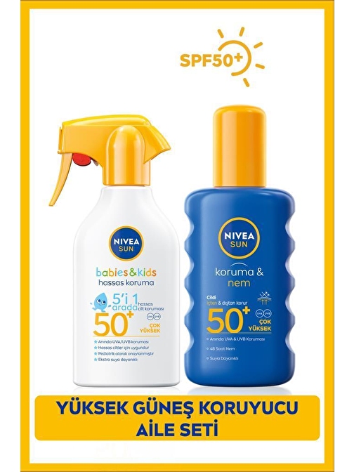 SUN Çocuklar için Hassas Güneş Sprey SPF50 270ml ve Yüksek Güneş Koruyucu Vücut Spreyi SPF50 200ml