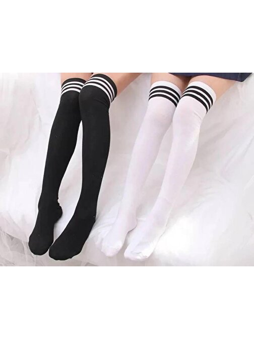 2'li Siyah ve Beyaz 3'lü Şerit Desenli Diz Üstü Çorap