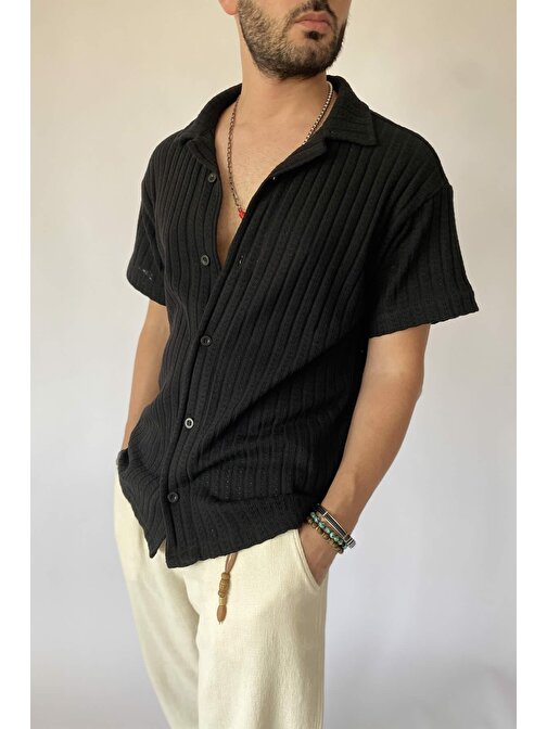 Yazlık Pamuklu Oversize Triko Örgü Kısa Kollu Siyah Erkek Gömlek