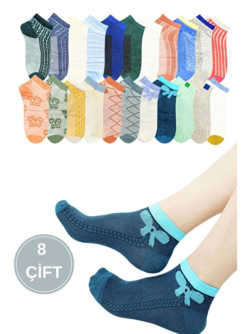 Kadın Çorap Renkli (8' Lİ PAKET) Likralı Pamuklu Özel Tasarım Penye Patik Kadın Çorabı