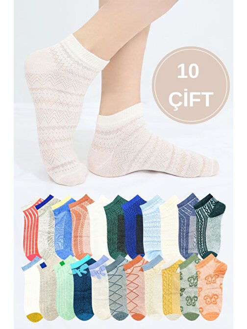 Kadın Çorap Renkli (10 ÇİFT) Likralı Pamuklu Özel Tasarım Penye Patik Kadın Çorabı