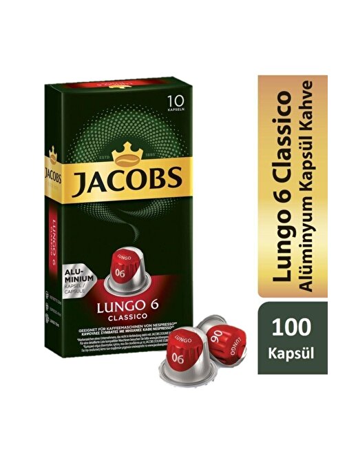 Jacobs Lungo 6 Classic Nespresso Uyumlu Alüminyum Kapsül Kahve 10 Adet X 10 Paket