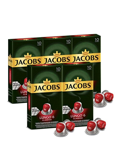 Jacobs Lungo 6 Classic Nespresso Uyumlu Alüminyum Kapsül Kahve 10 Adet X 5 Paket