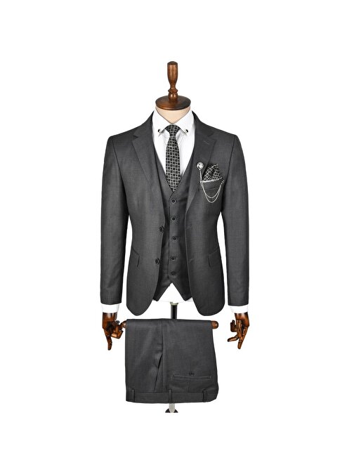 DeepSEA Erkek Antracite Çift Düğme Çift Yırtmaç Yelekli Slim Fit 3lü Takım Elbise 2301501